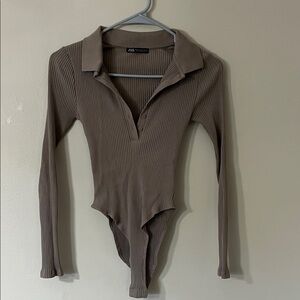 Zara Taupe Ribbed Long Sleeve Bodysuit
